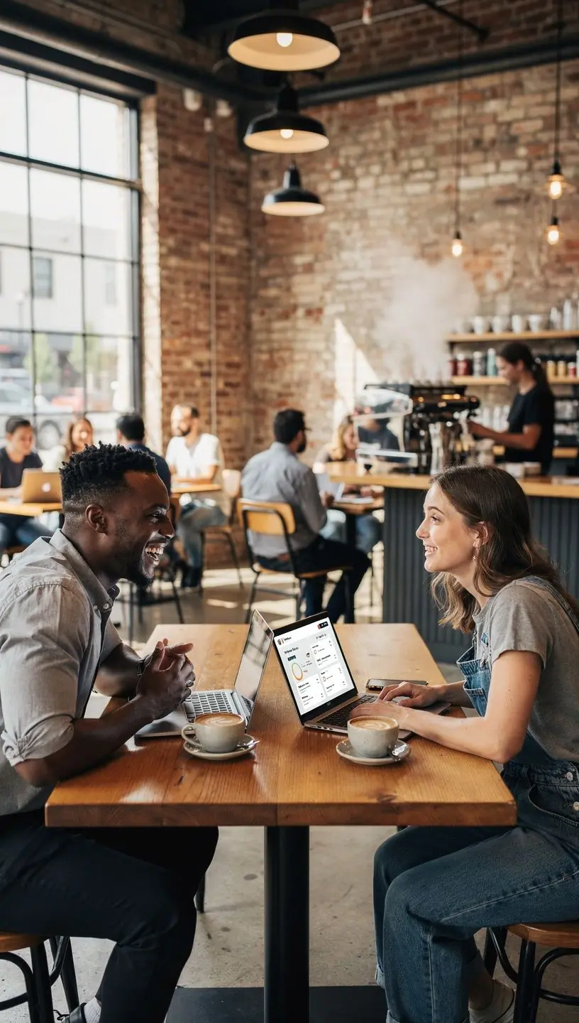 Workspace featuring a laptop displaying digital scheduling software alongside a notebook and coffee.