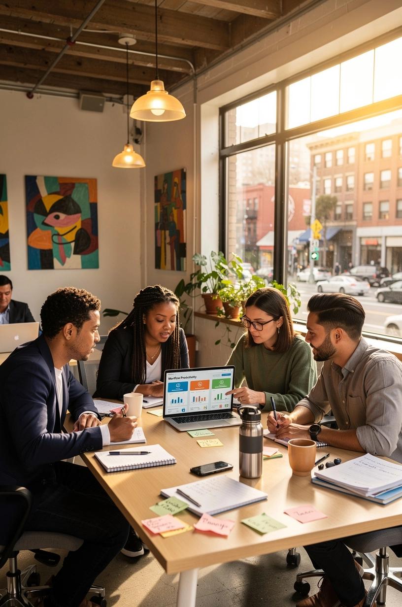 Close-up of a modern workspace featuring a laptop, smartphone, and digital planner illustrating efficient routine management tools.